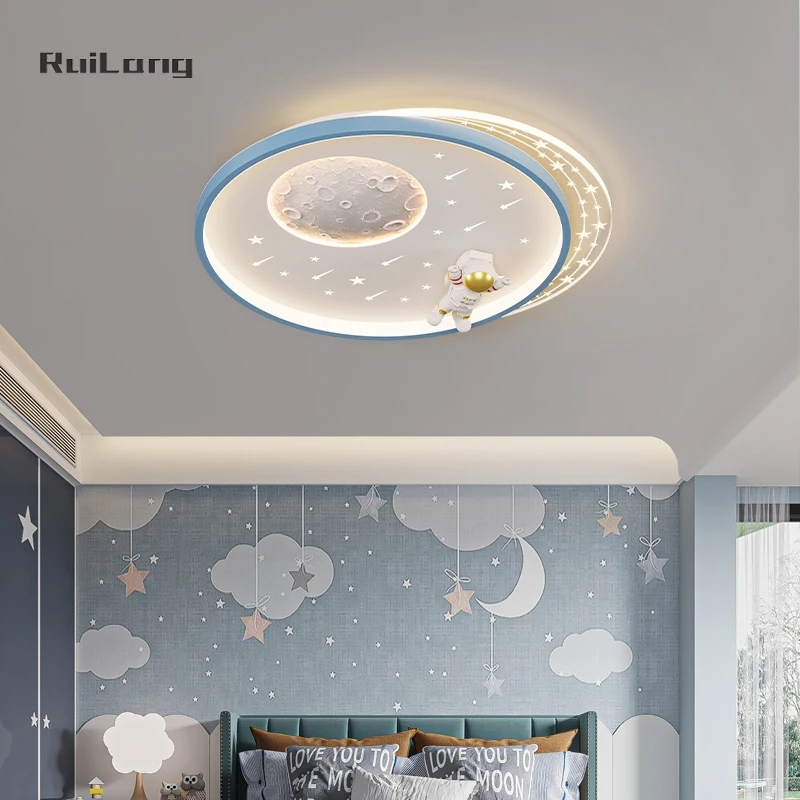 الحديثة led الفضاء ضوء السقف غرفة الاطفال الفتيان غرفة نوم الثريا رائد الفضاء القمر ستار ديكور الأبيض الحضانة مصباح السقف Plafon