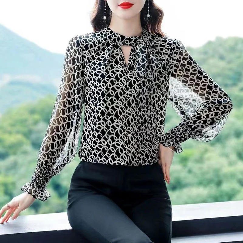 Women Hollow Lace Up Floral Print Elegant Chiffon Blouse Spring Summer Fashion Casual Sweet Thin Shirts Long Sleeve Tops Female