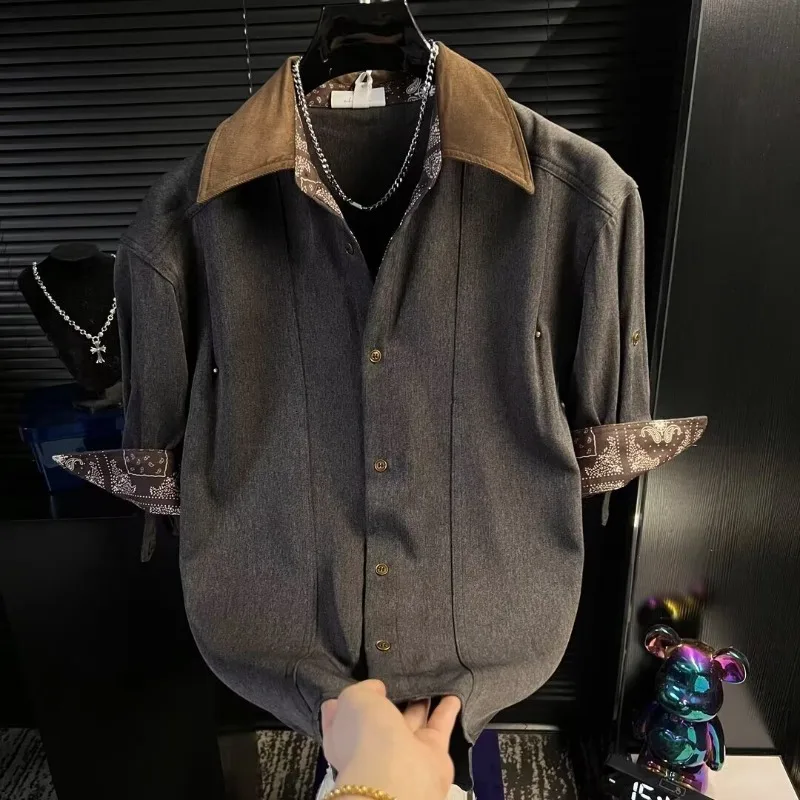 Korean Summer Spliced Short Sleeved Shirt for Men Loose Casual Social Shirs Versatile Comfortable Streetwear Camisas De Hombre