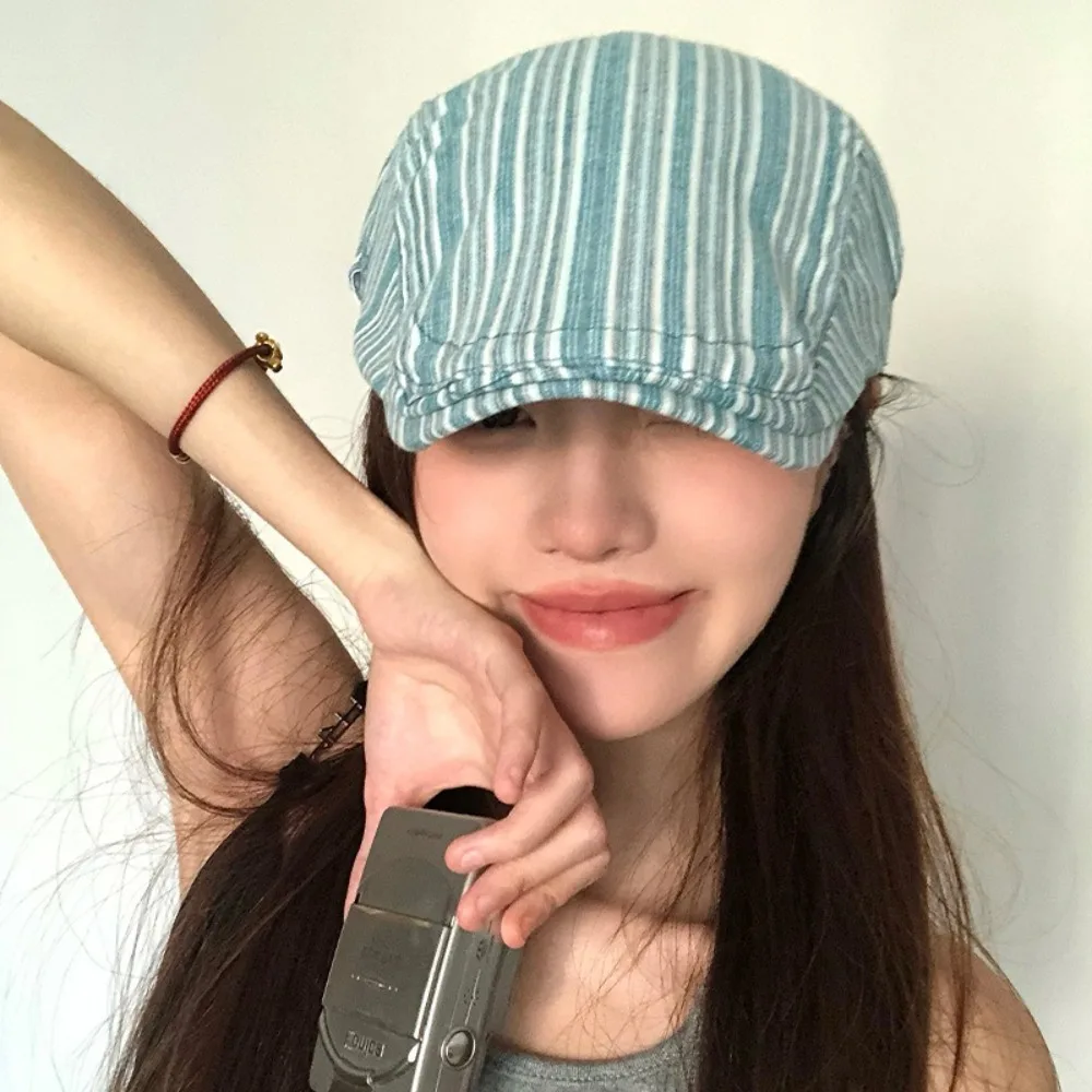 

New Vintage Newsboy Cap Y2k Sunscreen Peaked Caps Striped Casual Painter Hat Outdoor
