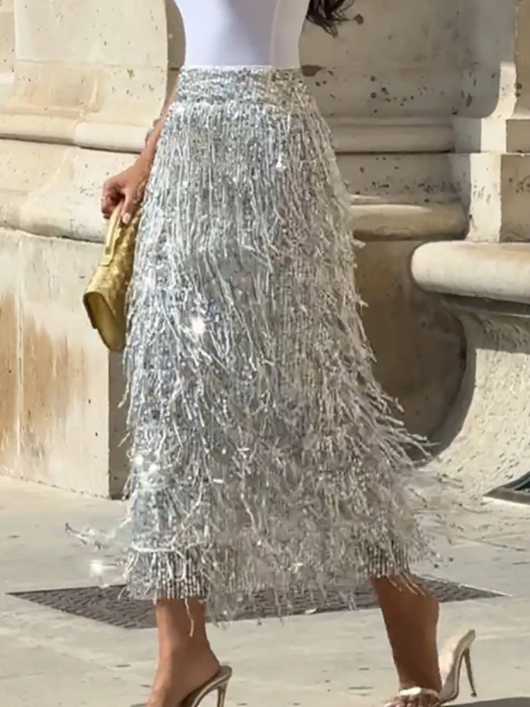 

Spring Autumn Holiday Casual Maxi Skirts, Women Simple High Waist Fashion Skirts, 2026 Patchwork Tassel Elegant Ladies Skirts