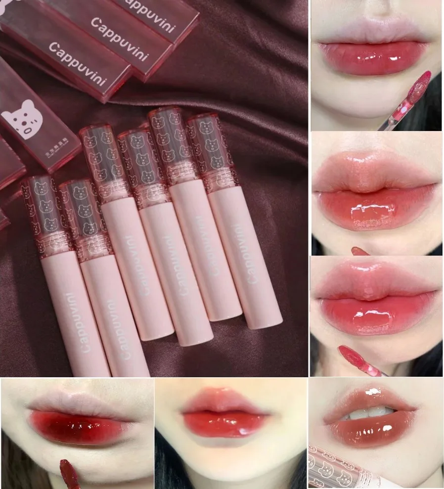 Brillo de labios de agua con espejo rosa cereza, resistente al agua, tinte marrón desnudo transparente, aceite de labios de vidrio, lápiz labial líquido para maquillaje