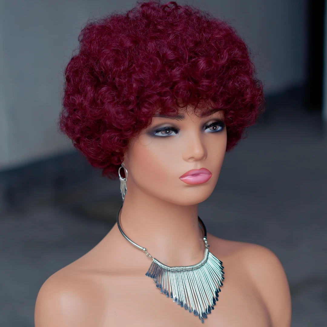 Fofo remy curto afro kinky encaracolado onda peruca de cabelo humano com franja grossa curto bob peruca brasileira perucas de cabelo humano para preto