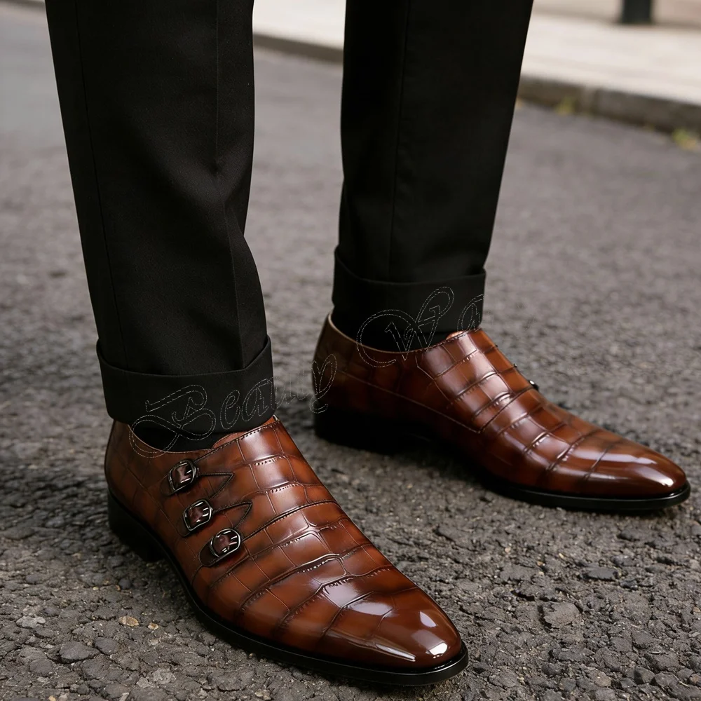 

Мужские туфли из кожи аллигатора коричневого цвета с боковой пряжкой, на квадратном каблуке, без застежки, с круглым носком, на высоком каблуке, для мужчин (Zapatos Para Hombres)
