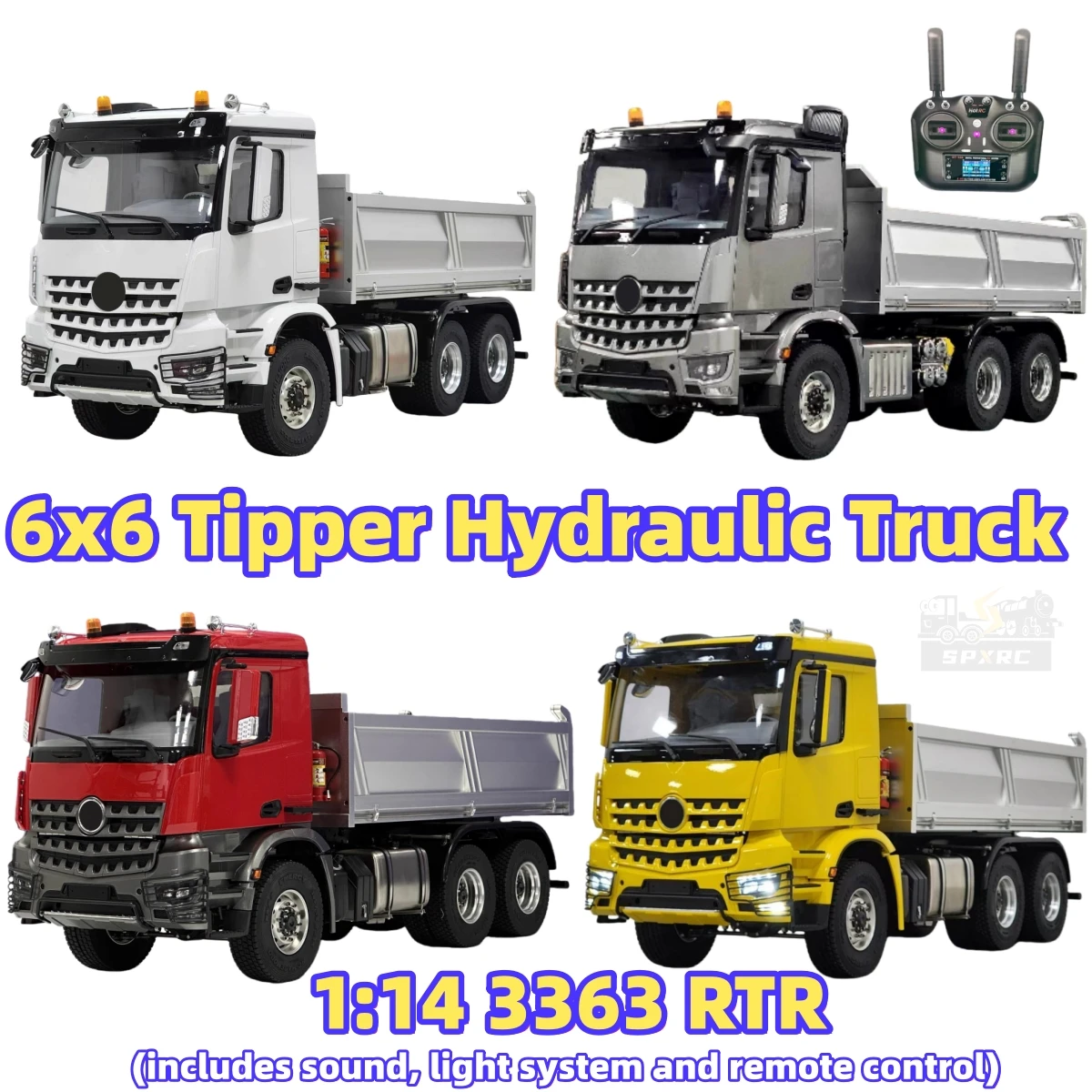 

6x6 Tipper Tractor Hydraulic Dump Truck RTR Metal Chassis Sound Light For 1/14 Tamiya RC Benz 3363 Remote Control Model Toy