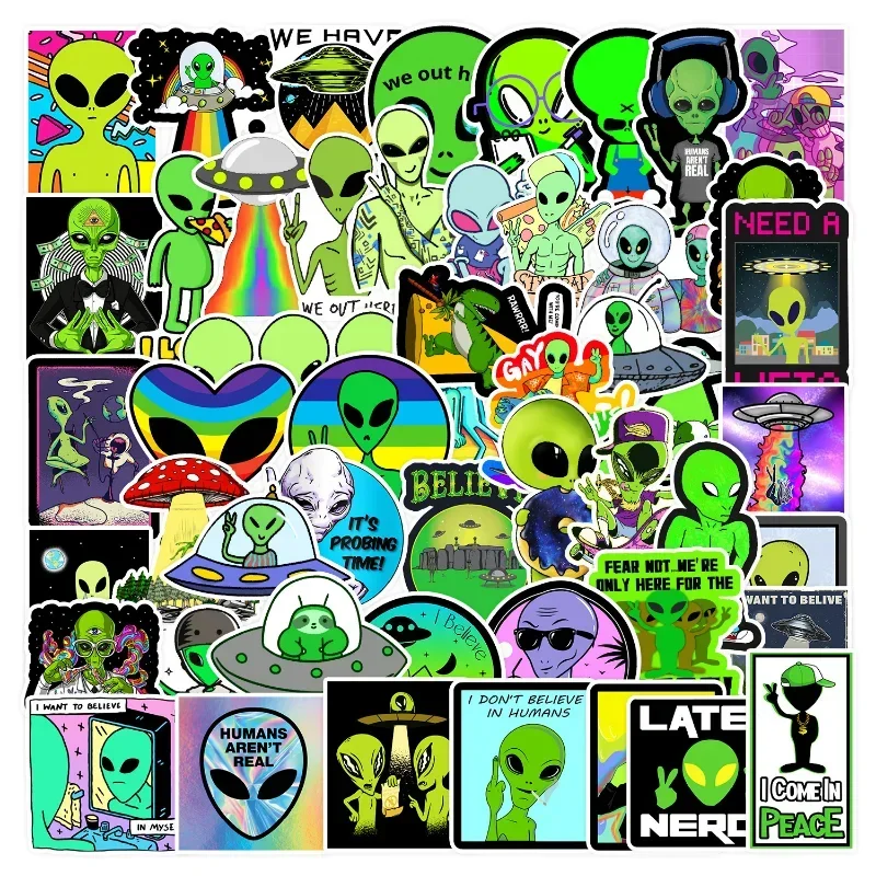 10/25/50 buah stiker grafiti kartun Alien untuk koper DIY Notebook gitar Laptop alat tulis telepon botol air