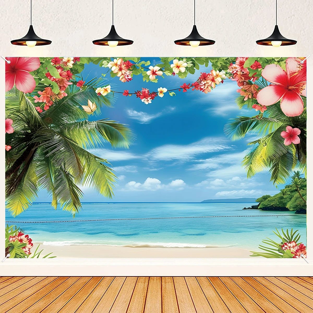 Hawaiian Summer Beach Background Tropical Seaside Flowers Aloha Luau Ocean Sea Surfboard Holiday Party Birthday Backdrop Decor