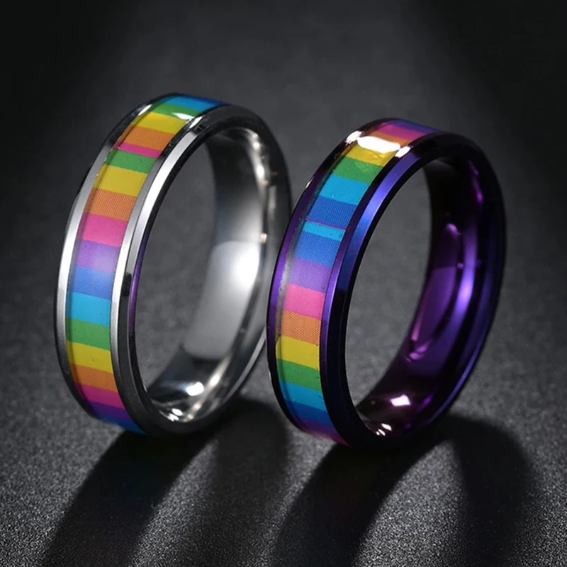 

Trendy 316L Stainless Steel Enamel Rainbow LGBT Pride Ring Lesbian Gay Wedding Engagement Ring for Men Charm Jewelry Wholesale