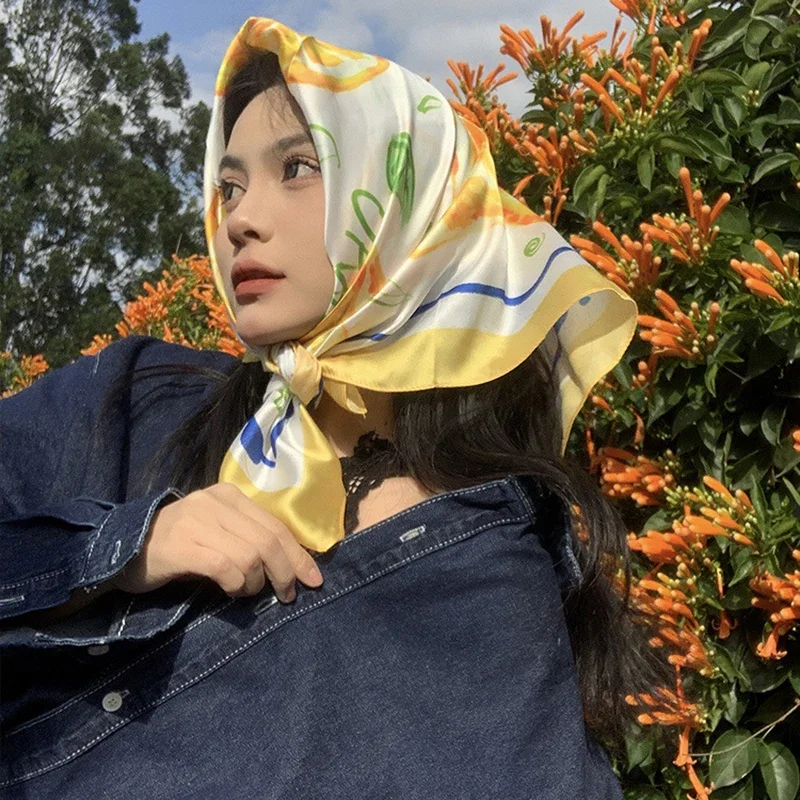 70 سنتيمتر مربع الليمون طباعة الأصفر مربع وشاح حريري عادية أنيقة رقيقة تنفس الرقبة المرأة يندبروف رئيس التفاف الأوشحة الشعر 2025 #2
