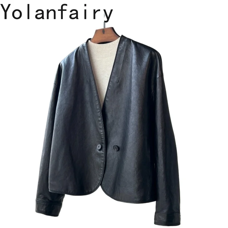 

YOLANFAIRY New Fashion Genuine Leather Jacket Women High Quality Real Sheepskin Coat Elegant Beautiful Short Leather Jackets