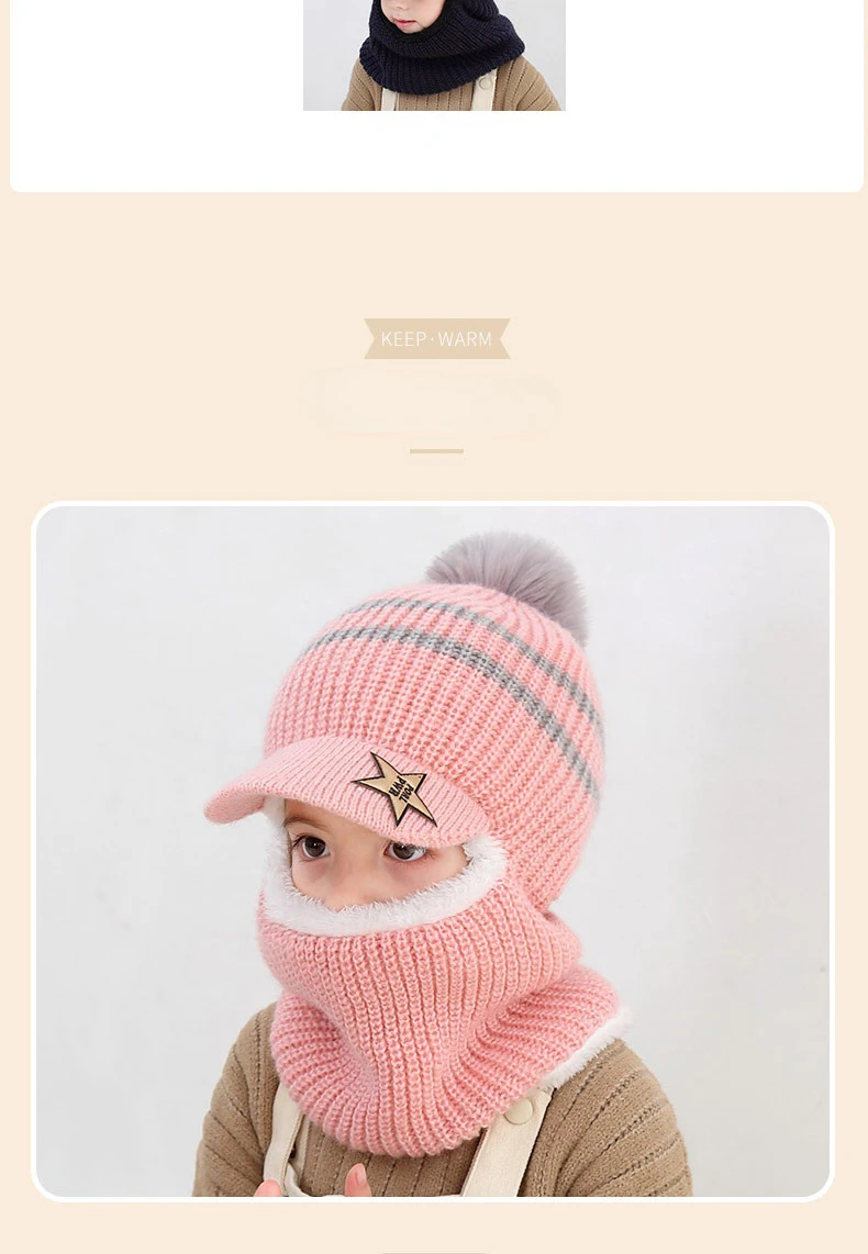 Winter Baby Kinder Nette Gestrickte Plüsch Schal Hut Zwei-stück Doppel Fleece Wärme Jungen Mädchen Weiche Outdoor Winddicht Hut kinder Hut – Detail 6