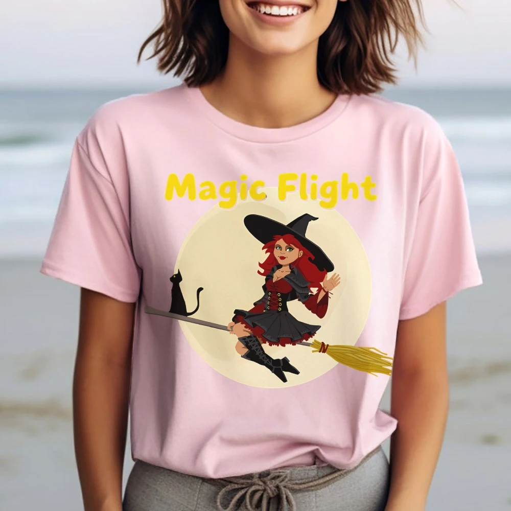 Y2K Abbigliamento da donna T-shirt casual in cotone Girocollo T-shirt grafiche Street Wear Cartoon Strega Luna Scopa Gatto nero Magia
