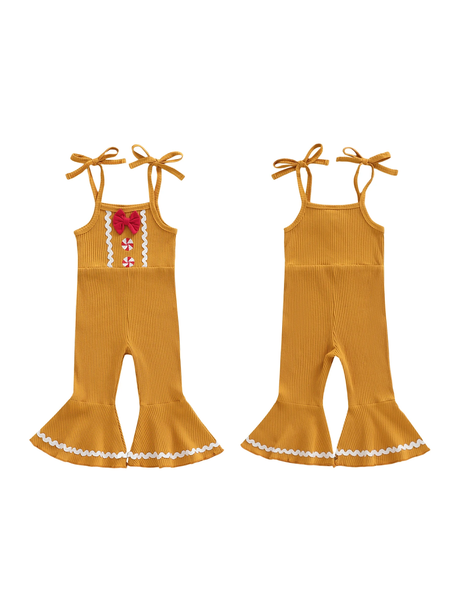 

Рождественский комбинезон для маленьких девочек, декоративный бант и конфетная аппликация, расклешенные брюки на подтяжках в виде пряничного человечка для вечеринки