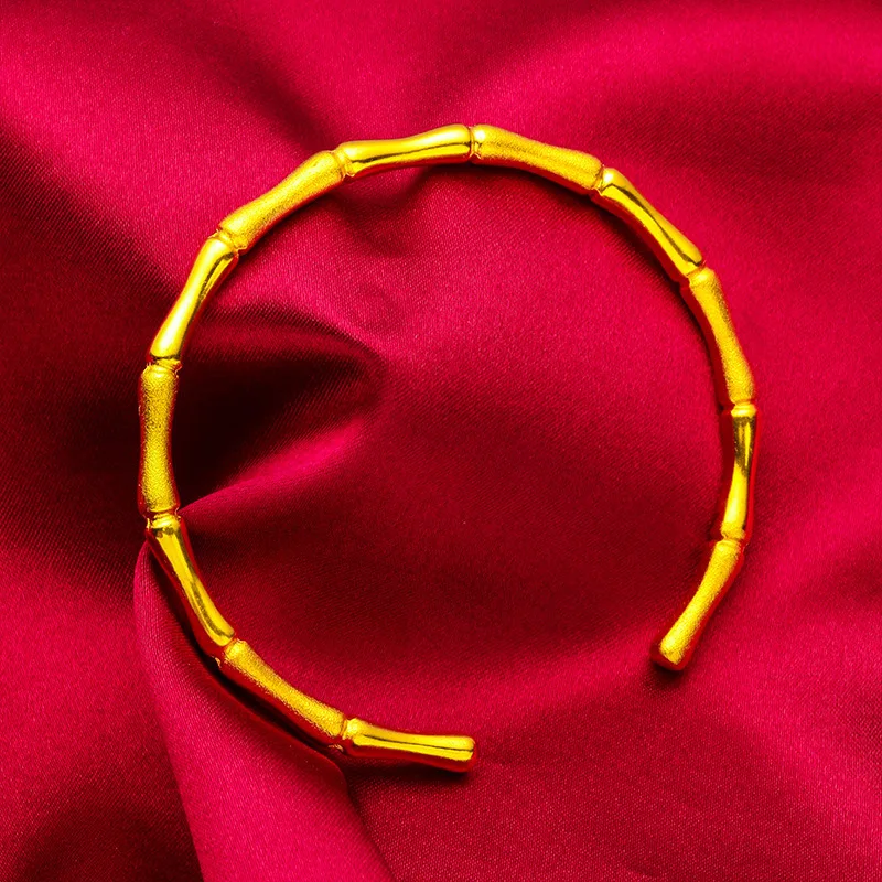 

24K Gold Matte Open Bamboo Women's Bracelet, AU999 Pure - Trendy Bamboo Style, Joint Texture + Matte Refraction