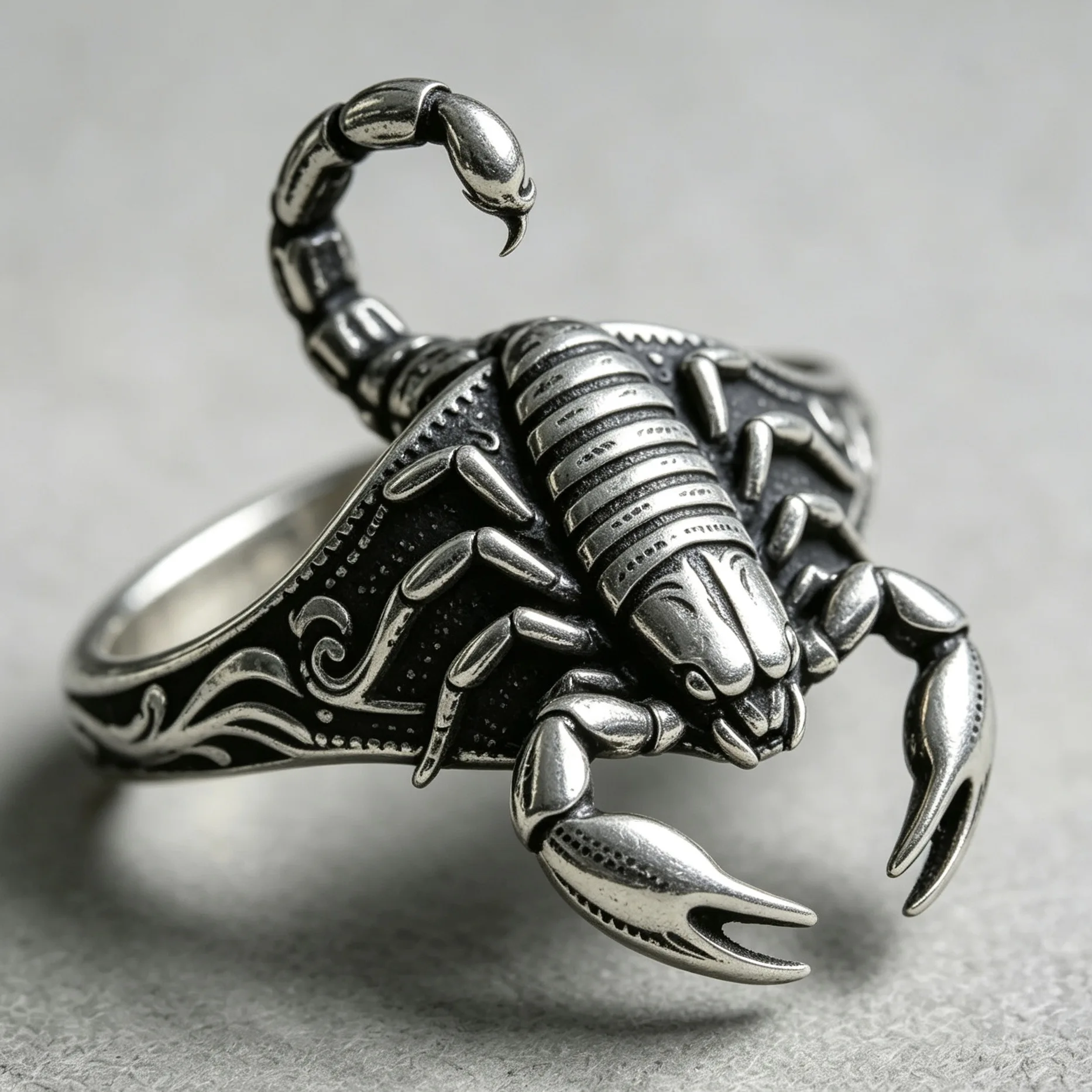 Retro 3D Scorpion Ring, Hand Engraved Swirl Scroll Shank, Hypoallergenic Scorpio Fine Jewelry, Unique Anniversary Birthday Gift