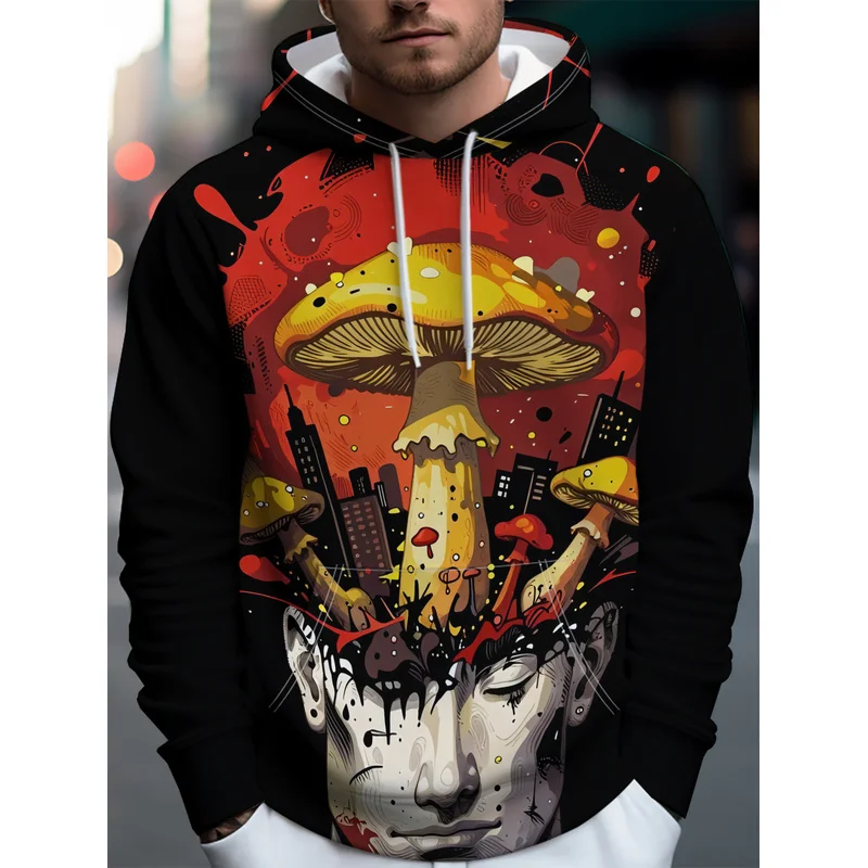 Men Psychedelic Mushroom Hoodie 3D Surreal Human Face Graphic Hooded Sweatshirt Drawstring Long Sleeve Pullover Streetwear Casua