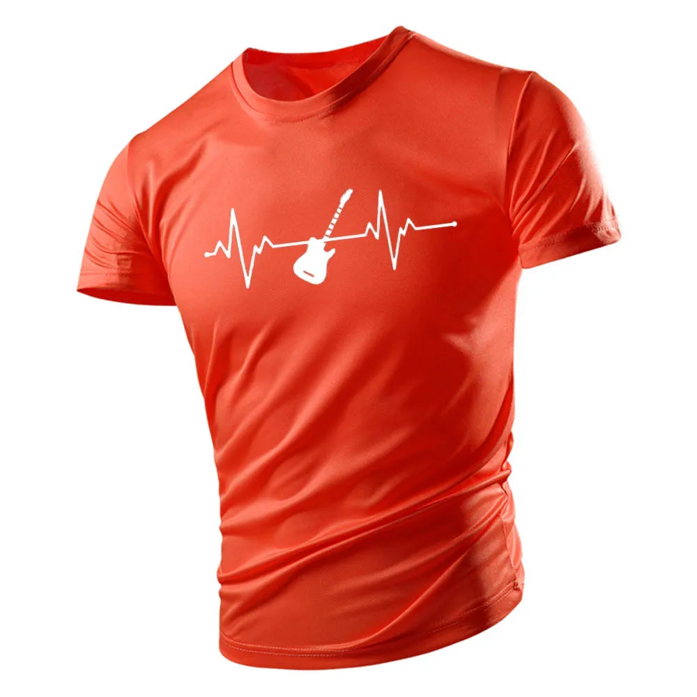 Guitar Ecg Printed Men\'S T-Shirt Summer New Casual Crewneck Loose Comfortable Quick Dry Short Sleeve Hip Hop Street Jogging Top