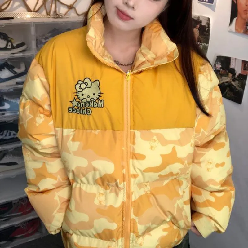 Sanrio Hello Kitty Clothes New Star Amercian Style Loose Autumn Winter Cotton Padded Jackets Women Camouflage Trendy Coat Couple