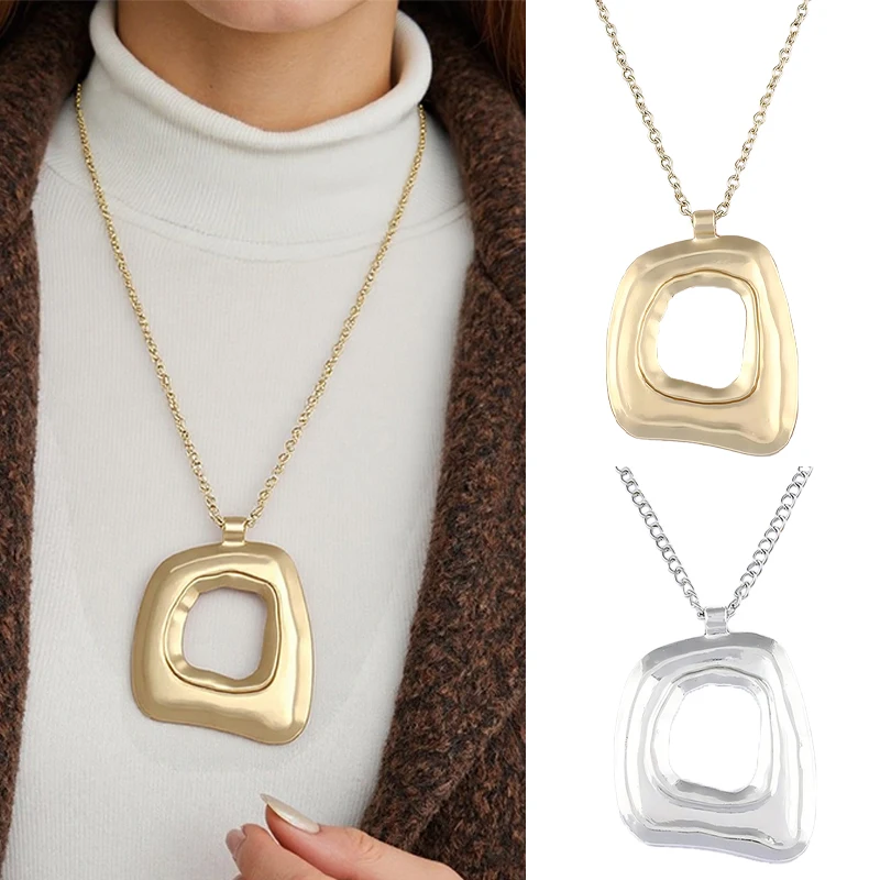 Fashion Long Chain with A Large Irregular Tribal Matte Gold/Antque Silver Pendant Necklace Chic Jewelry For Women Men Daily Wear