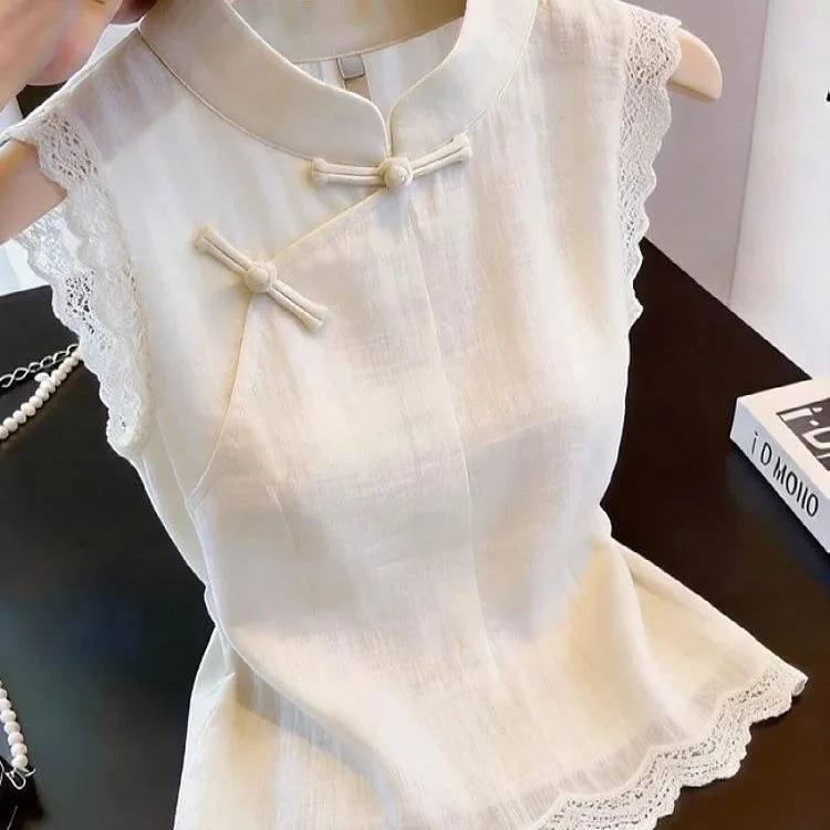 White Stand Collar Short Sleeve Ruffle Lace Hem Versatile Top Button Vintage Shirt Women's Fashion Summer 2026 Polyester Fiber