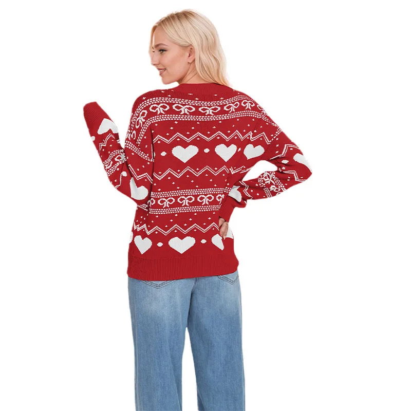 2025 New Fashion Printed Round Neck Knitted Sweater Women In Winter Casual Loose Christmas Love Long Sleeve Top For Women