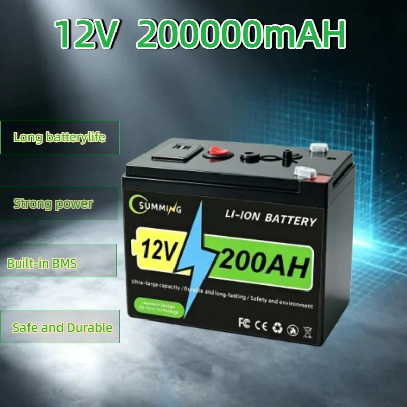 12V 200Ah Lithium-Ion Battery, Built-in USB Interface, Rechargeable Large Capacity Lithium Battery, Used for Solar RV Ship