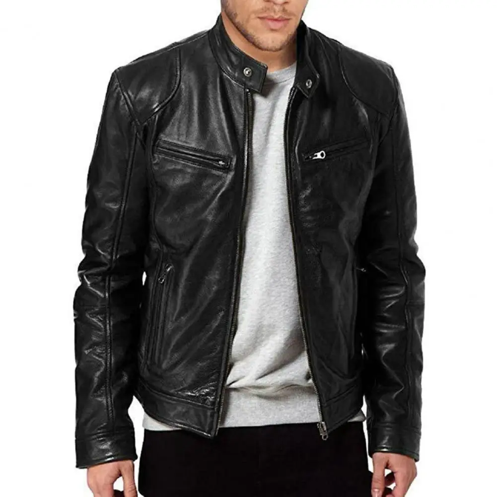 

Winter Jacket Men's Faux Leather Motorcycle Jacket Stand Collar Zipper Pockets jaqueta masculina