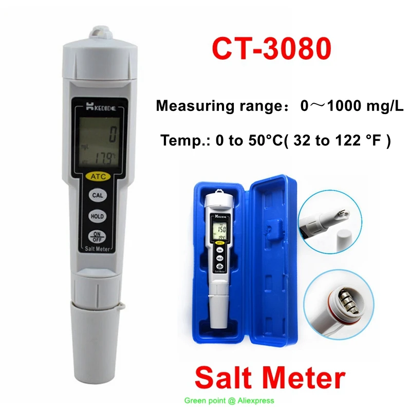 CT-3080 Pen Style Salt Meters Handheld Electronic Digital Water Salinity Tester Series Waterproof Test Range 0～1000 Mg/L For Dam