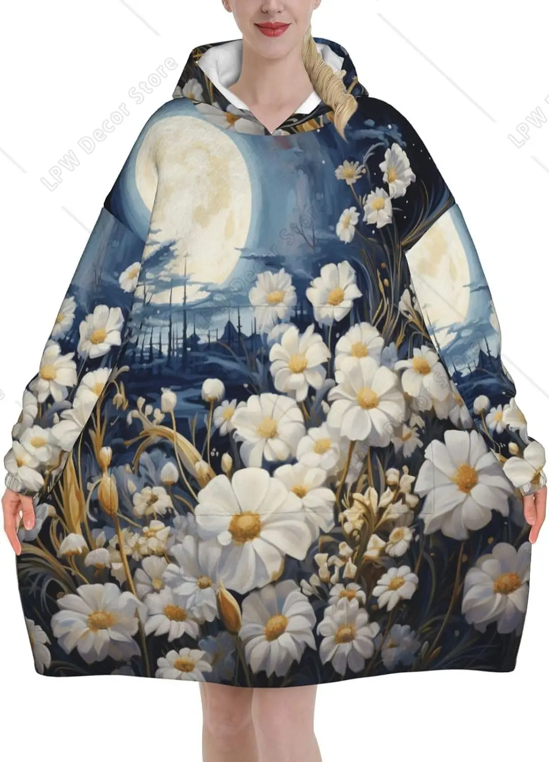 White Flower Wearable Blanket Hoodie For Adults Floral Oversized Sweatshirt Blanket Cozy Warm Sherpa Hooded  With Pocket