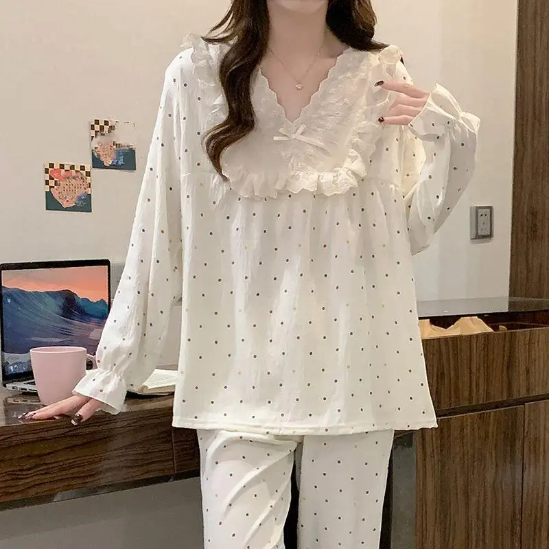 فتاة شابة الدانتيل حواف الخامس الرقبة منامة مجموعات فتاة Kawaii مثير فضفاض طويل الأكمام السراويل الترفيه ارتداء أربعة مواسم الملابس رقيقة جديد