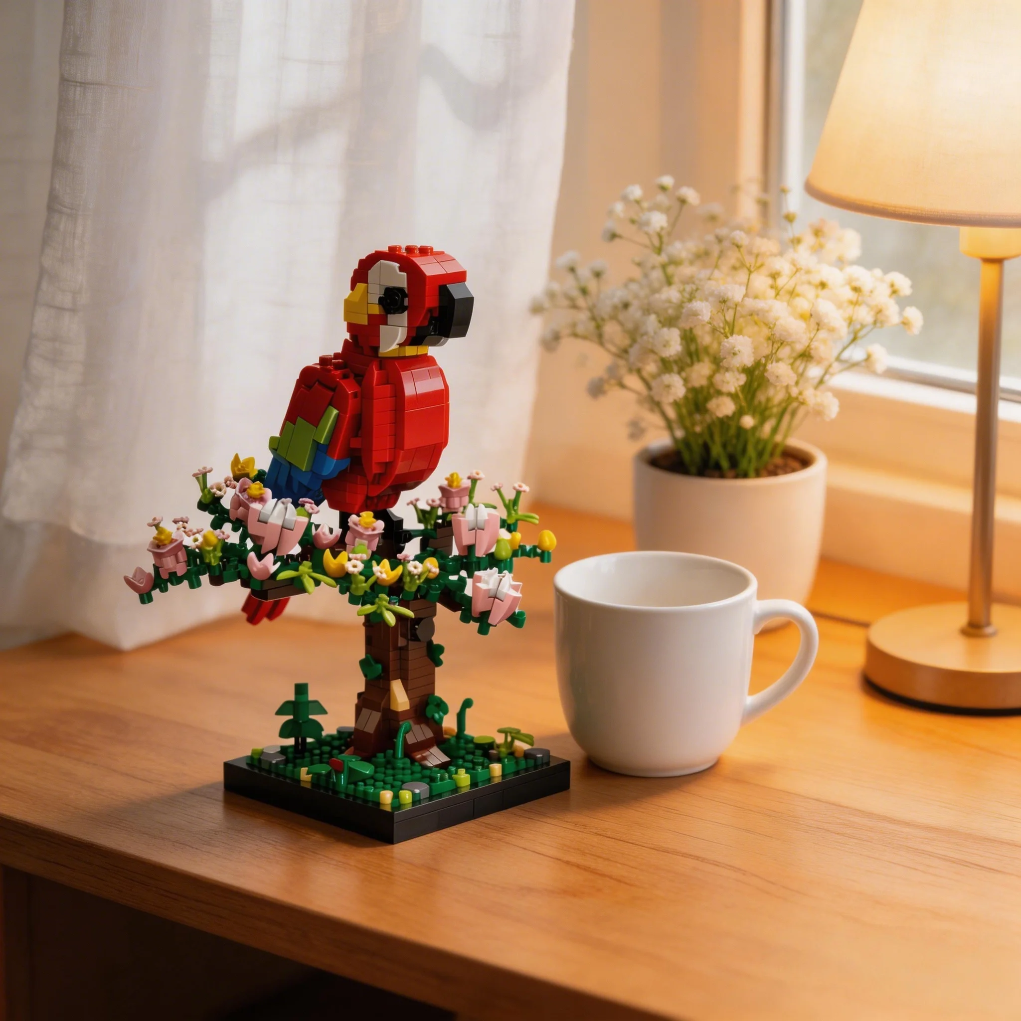 

Набор микро-мини-конструкторов «Красная папагальная попугаица на розовом цветущем дереве» – 900 деталей, модель попугая для декора стола и игрушка-попугай для детей от 8 лет.