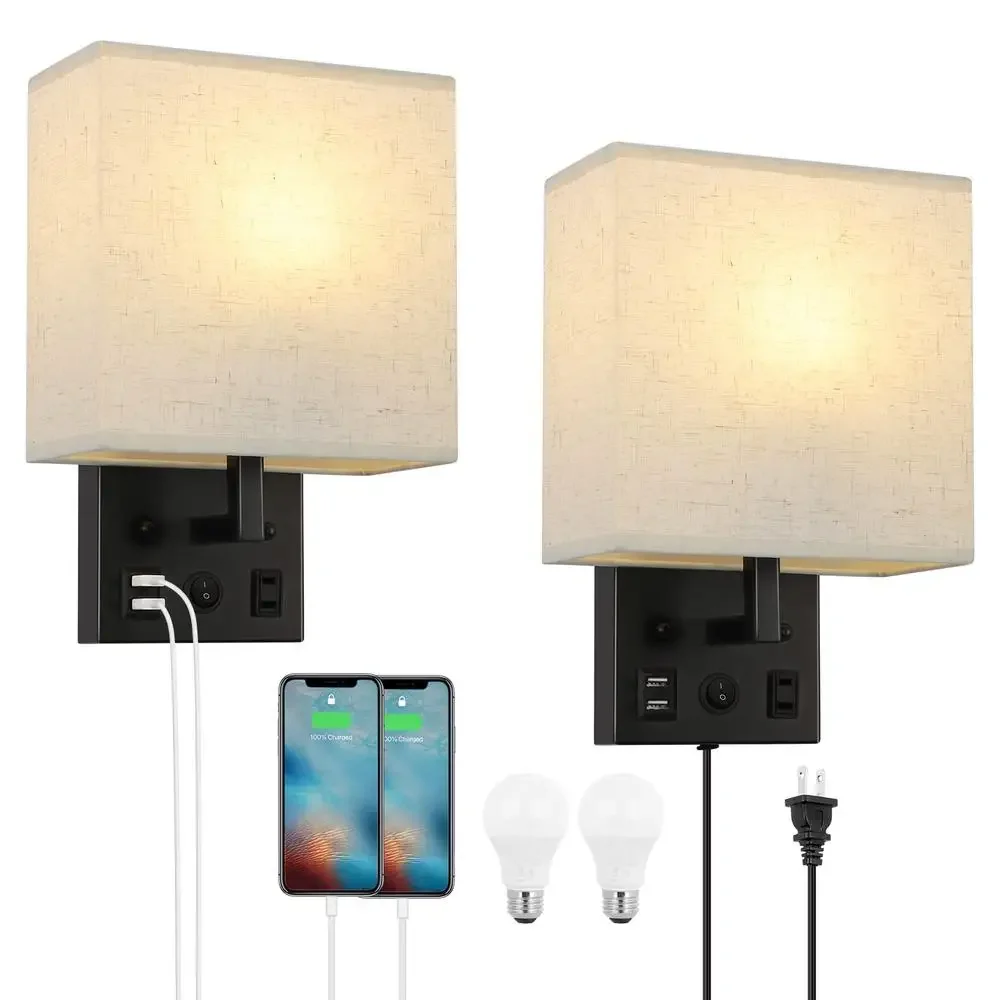 Dual USB and AC Outlet Wall Lamps Set of 2 Plug in Sconces Bedroom Living Room Nightstand Lighting