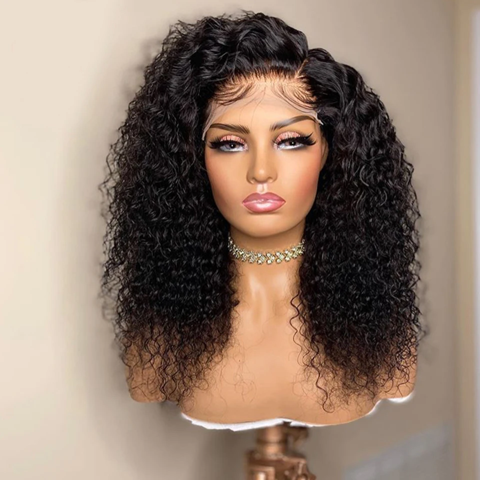 Peluca rizada de encaje frontal para mujer, pelo de bebé, suave, 180de densidad, 26 ", largo, negro Natural, prearrancado, resistente al calor, sin pegamento, diario