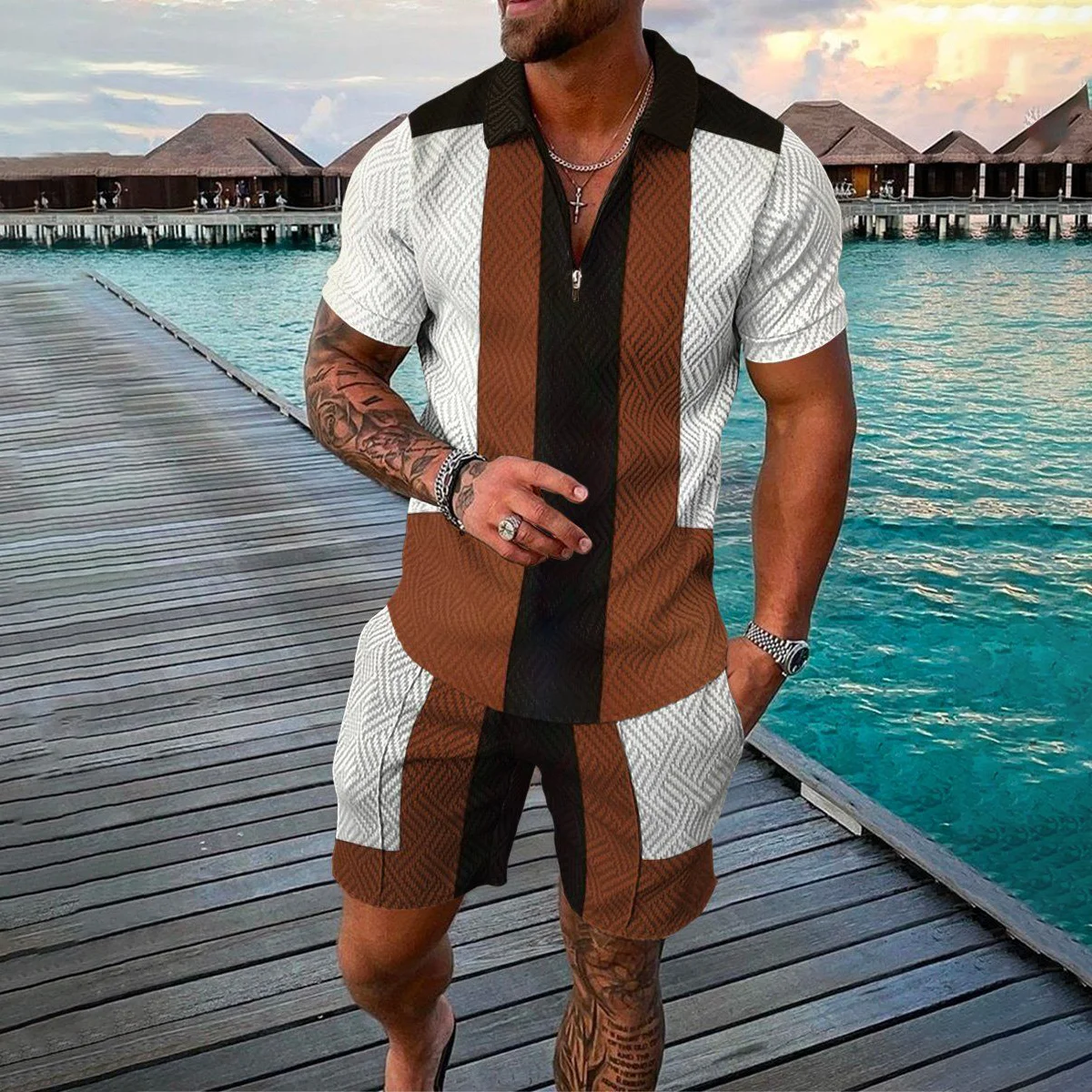 Männer Trainingsanzug Sommer Neue 3D Gedruckt Strand Zipper Polo Shirts Shorts 2 stücke Sets Boho Geometrische Stil Urlaub Kleidung Hohe qualität