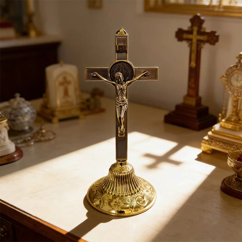 

Two Tone Gold Plated Orthodox Table Crucifix with St. Benedict Medal and INRI Inscription for Church Home Altar Prayer Devotion