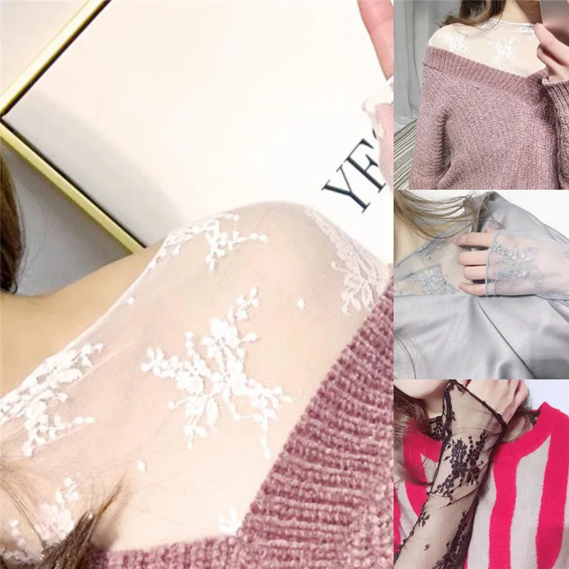 Korea Stil Mesh T Shirt Spitze Blume Unter Shirt Langarm Transparent T-shirt Sexy Schwarz Spitze Durchsichtig Mesh T Tops Frauen – Detail 15