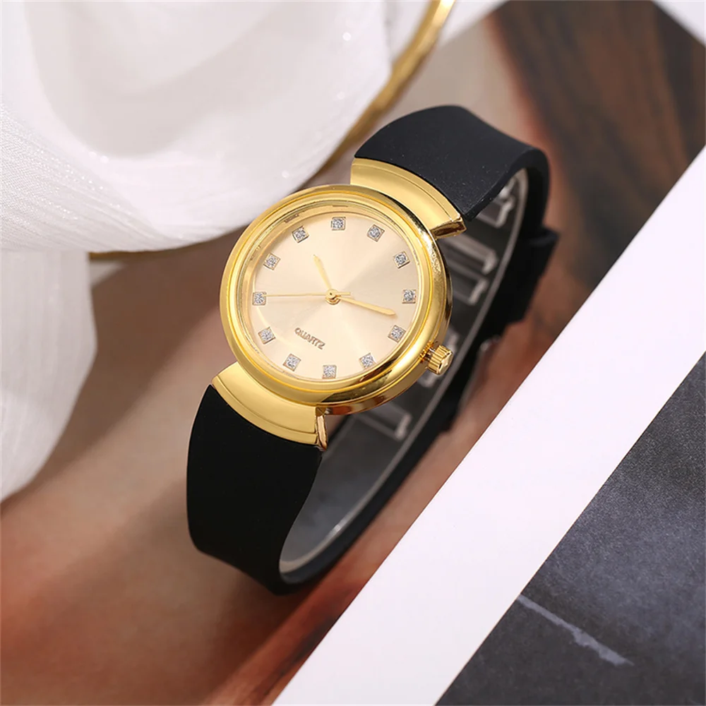 Luxury Women's Quartz Watch Black Silicone Strap Gold Diamond Dial Elegant Stylish Casual Ladies Wristwatch Wear Gift