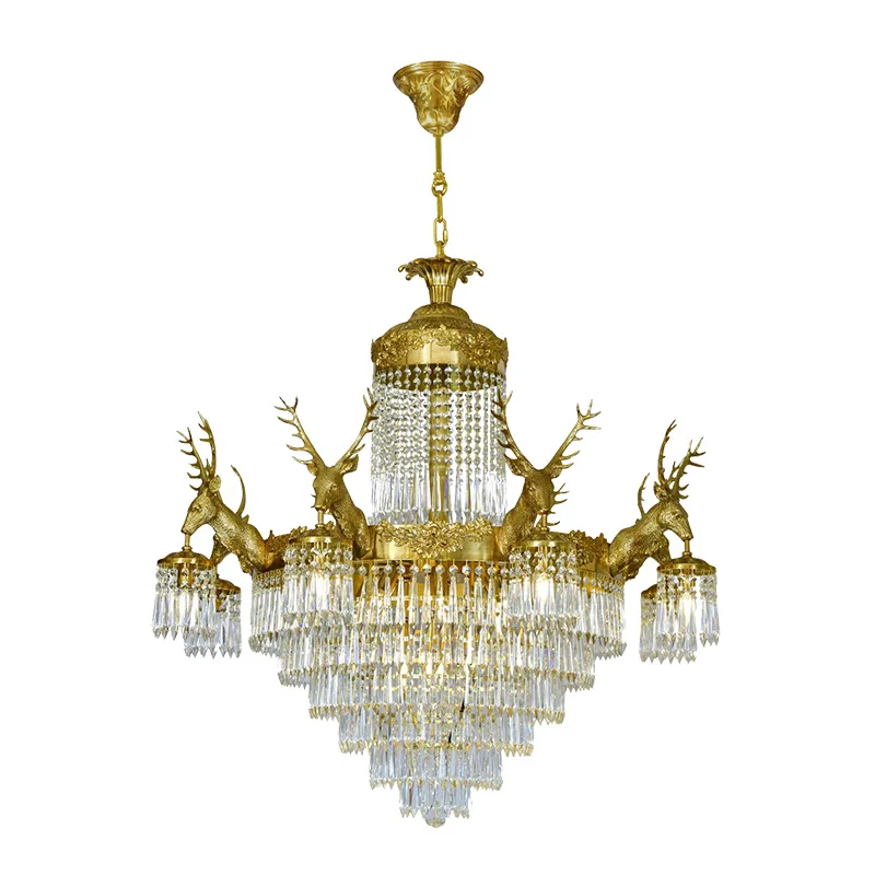 

French style, all copper, deer head, crystal lamp, European style, villa, duplex