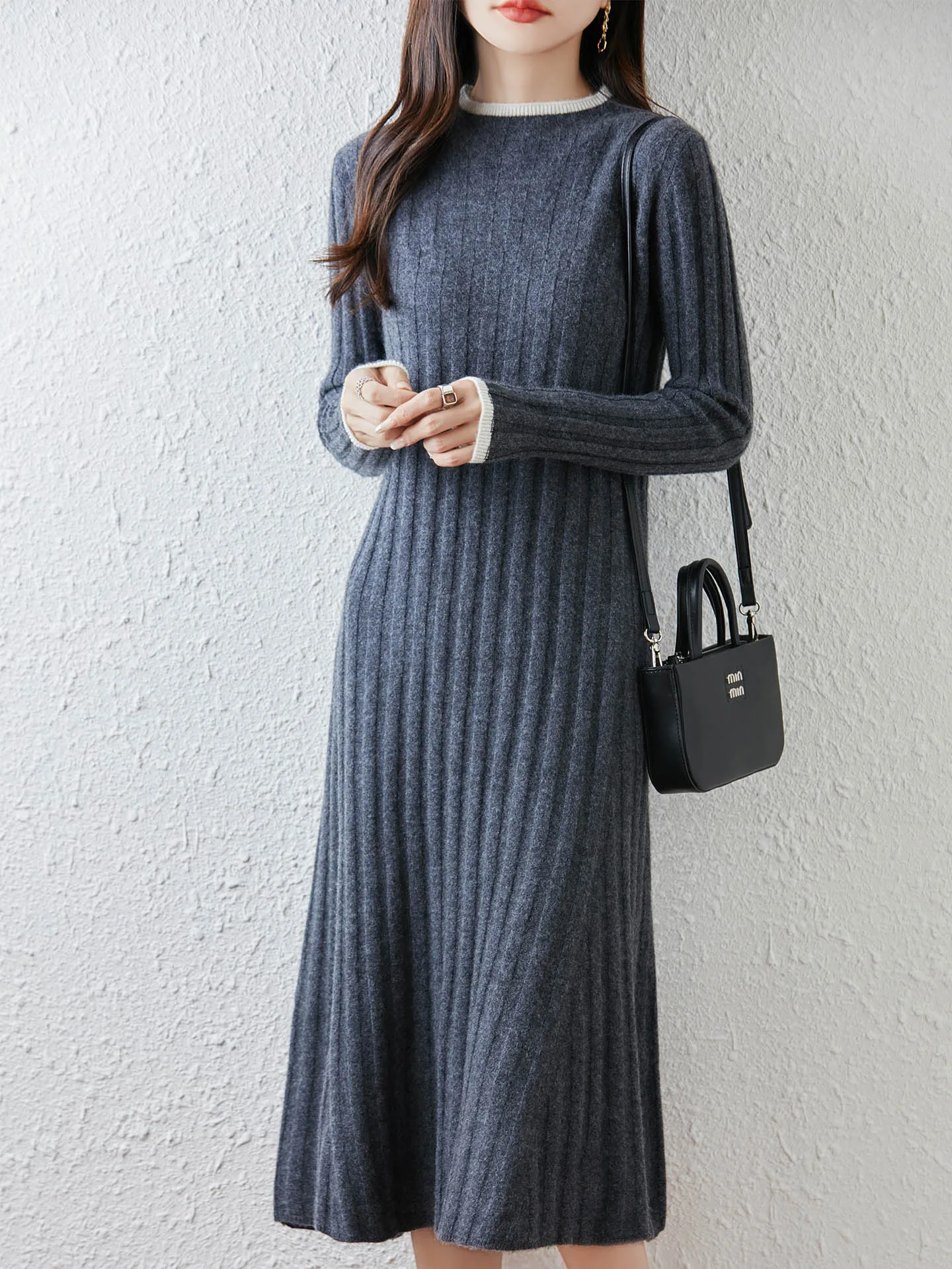 100% Merinowol Dames Lange Ronde Hals Trui Jurk Herfst Winter Casual Mode Zachte Kasjmier Gebreide Jurk