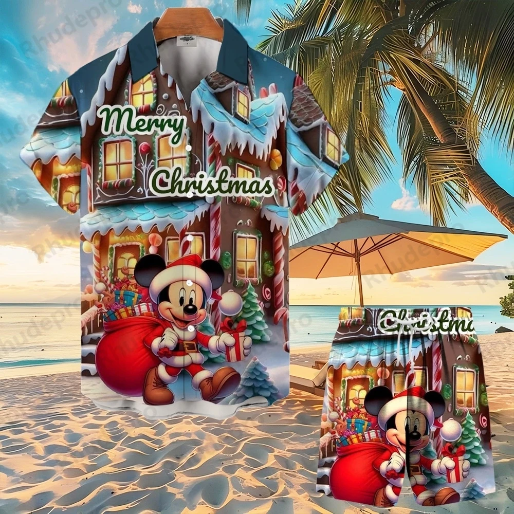 

Disney Mickey Mouse Button Hawaii Shirt Suit Cartoon Tropical Men Women Short Donald Duck Family Summer Short Casual Shirt Set