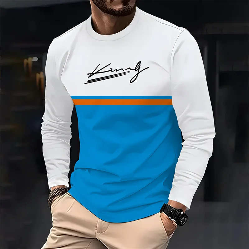 Men's striped long sleeved T-shirt 3D King pattern Autumn round neck T-shirt cotton Comfort tops Casual y2k streetwear clothing