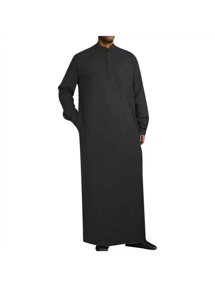 Elegante Arabische stijl minimalistische lange heren opstaande kraag knop moslim gewaad - losse pasvorm islamitische thobe voor heren - afbeelding 2