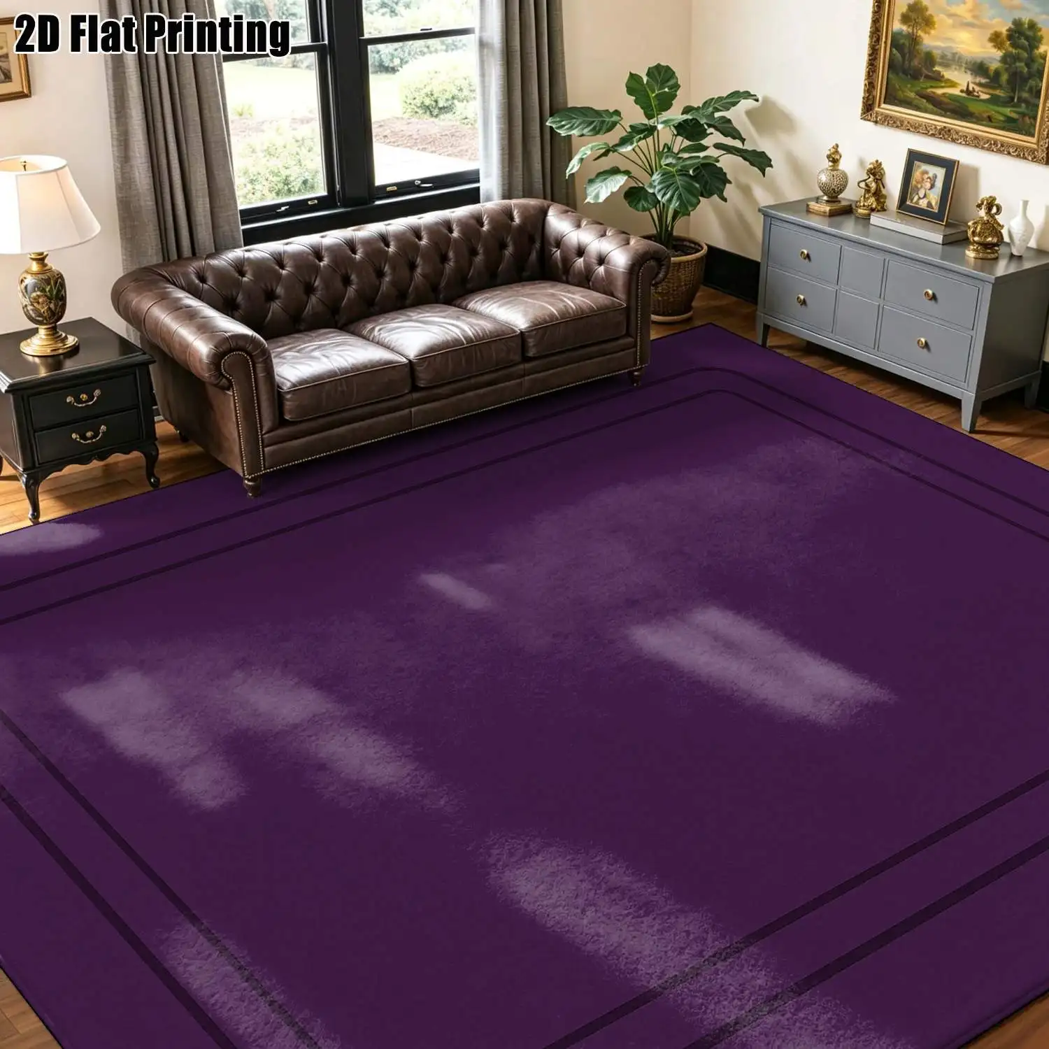 1Pc 2D Printed Deep Purple Solid Color Geometric Border Carpet, Modern Minimalist Nordic Vintage Style, Multi-Size Machine Washable, Suitable for Home Decoration, Entrance/Dining/Bedroom/Living Room