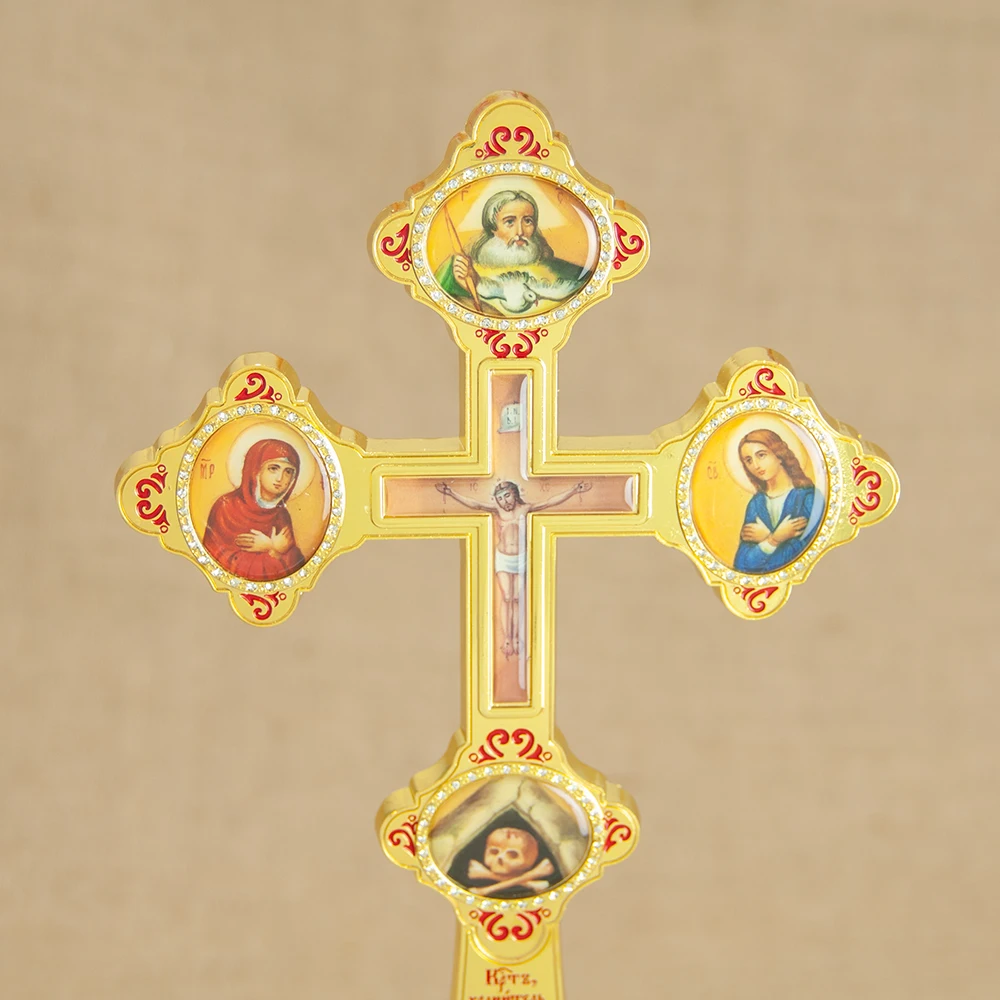 HTISOK 15 Zoll Orthodoxes Stehendes Jesus-Kreuz, Zinklegierung Vergoldetes Kreuz, Religiöse Dekoration mit Sockel, Geschenk für Gläubige – Detail 2