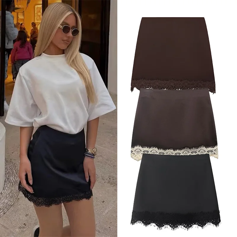 Women's Midi Skirt with Lace Hem New 2026 Spring Summer Fashion Solid Mid Waist Women Skirt Side Zipper Female Chic Skirts