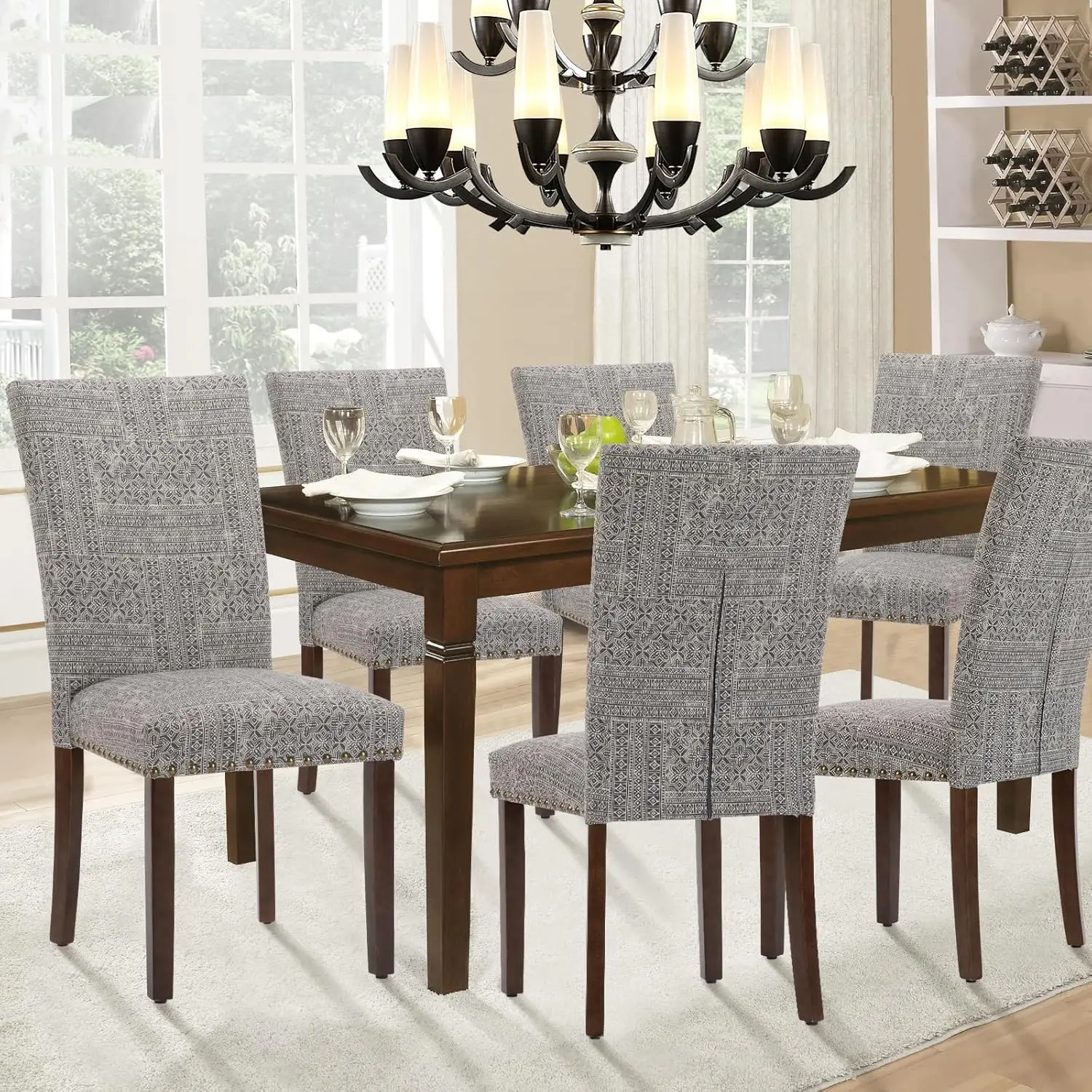 Parsons Dining Chairs Set of 6 Upholstered Nailhead Dining Room Kitchen Side Chair Thick Cushions Black/White