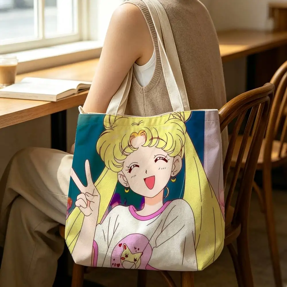 Cute girls S-Sailors M-Moon-es World Tote Bag for Women Reusable Shopping Tote Bag Zippered Shoulder Bags Print