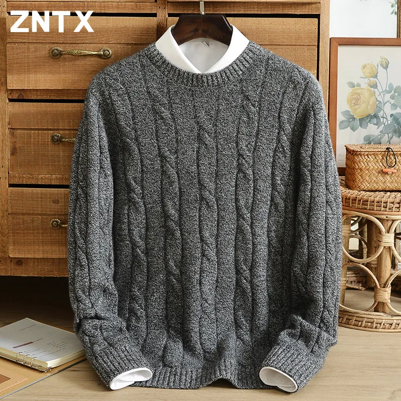 ZNTX Winter super thick warm pure cashmere sweater men's jacquard casual crewneck loose solid color youth vitality men's wear