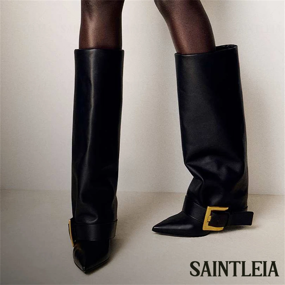 

Metallic Square Buckle Knee Boots Leopard Print Ponyskin Leather Boots Pointed Toe Slip on Stiletto Heel Women's Knee High Boots