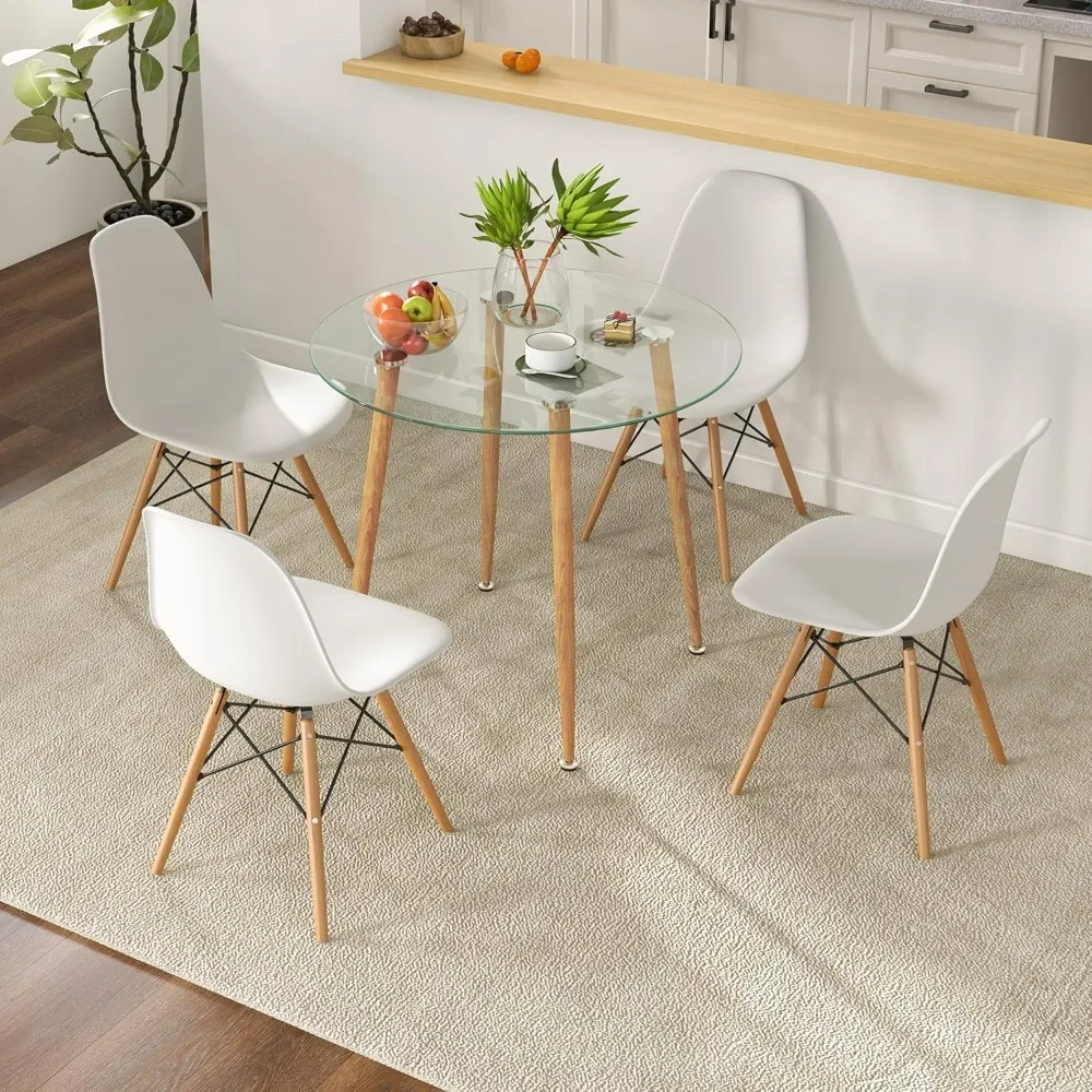 5-Piece Dining Table Set for 4, Kitchen Table Set with Seat, Solid Wood Legs, Metal Frames & Tempered Glass Tabletop, R